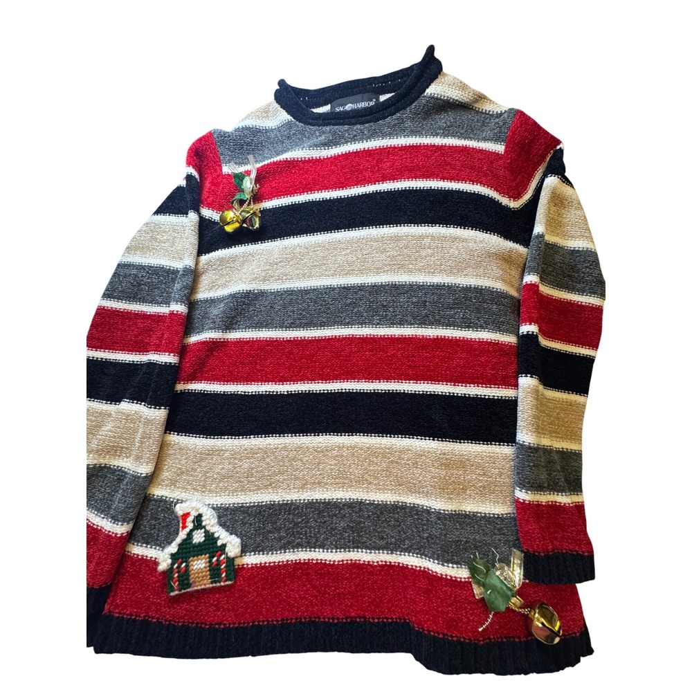 Vintage Sag Harbor Christmas Sweater Womens Small Striped Bells House M23200
